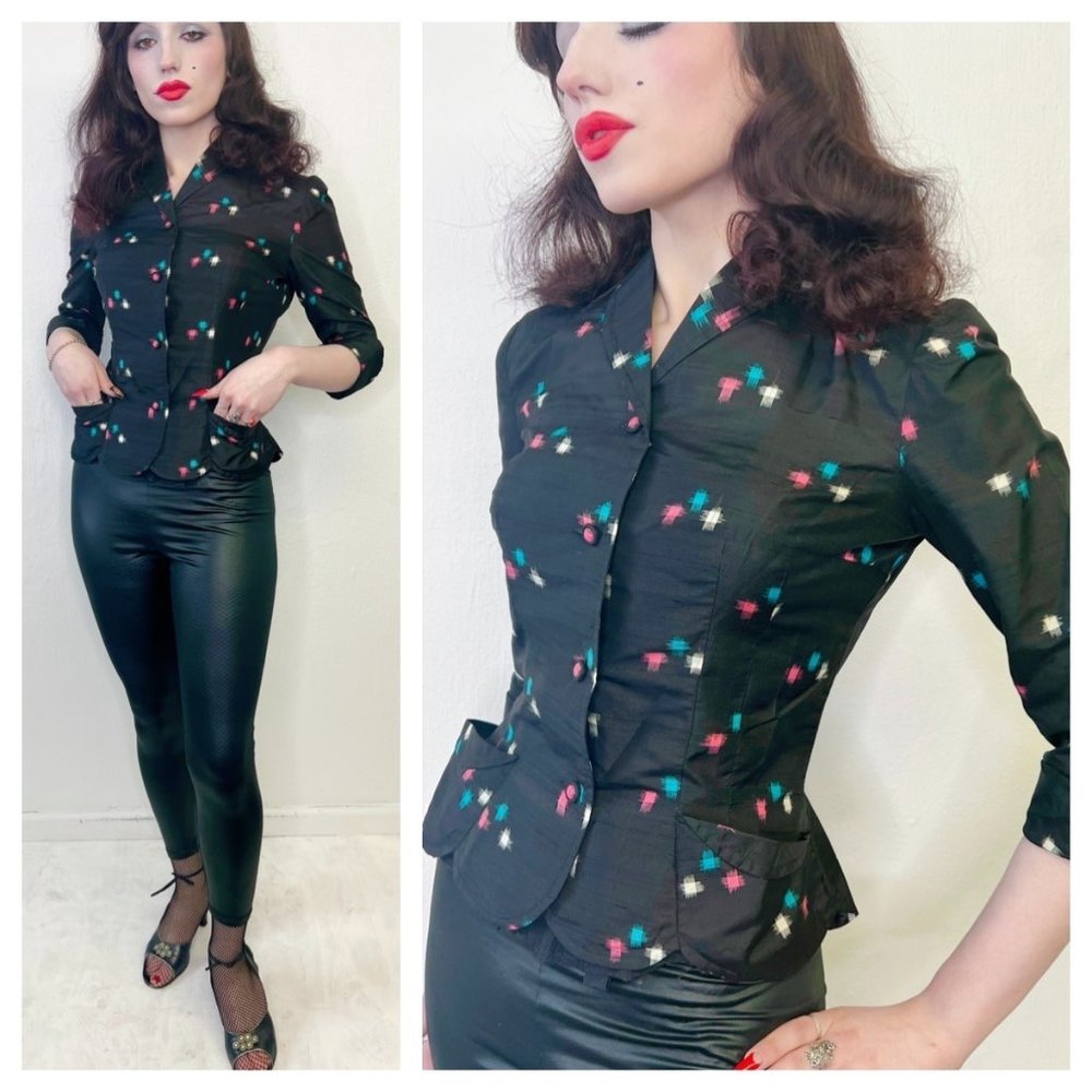 Vintage 50s 60s Fitted Novelty Print Cocktail Jacket S Small Black MCM VLV